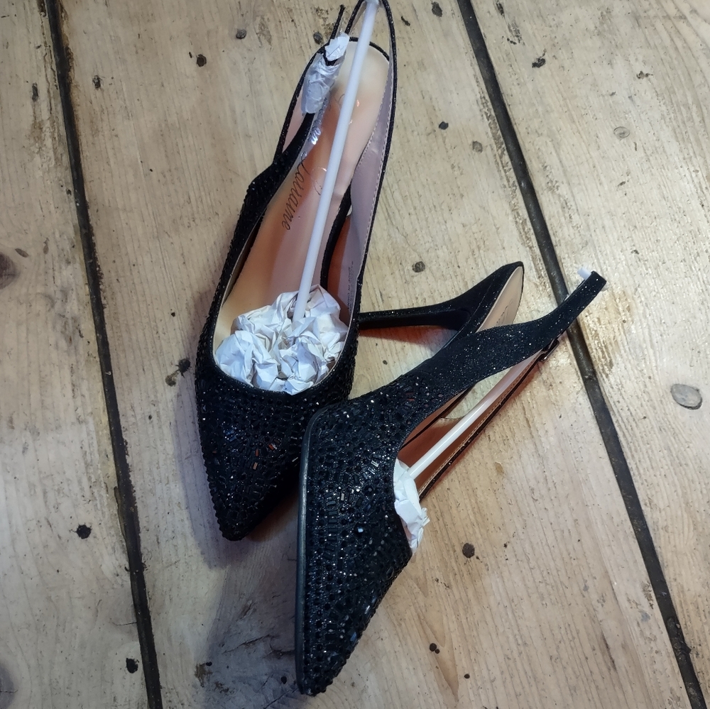 Lauren Lorraine Rachel Black Glitter Slingback Heels Women's 11